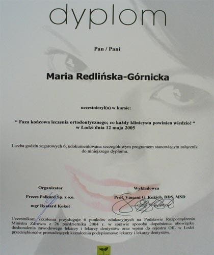 Dyplom kursu — lek. dent. Maria Redlińska-Górnicka