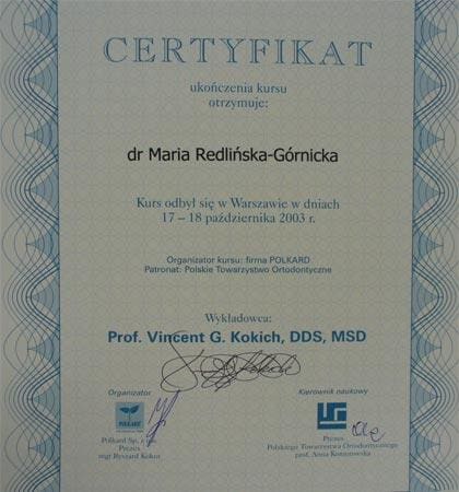 Certyfikat szkolenia — lek. dent. Maria Redlińska-Górnicka