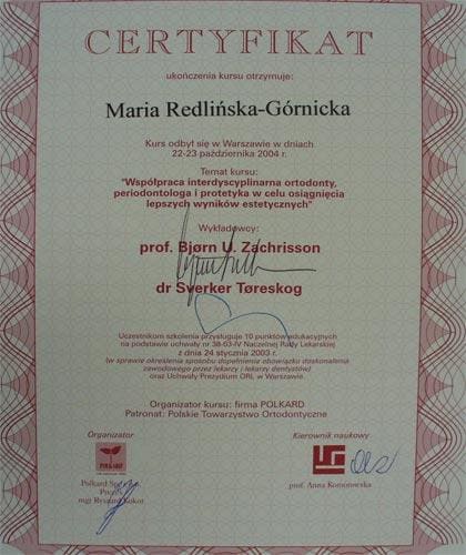 Certyfikat szkolenia — lek. dent. Maria Redlińska-Górnicka