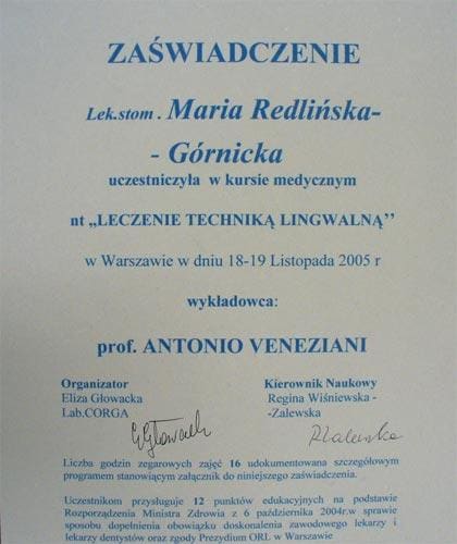 Certyfikat szkolenia — lek. dent. Maria Redlińska-Górnicka