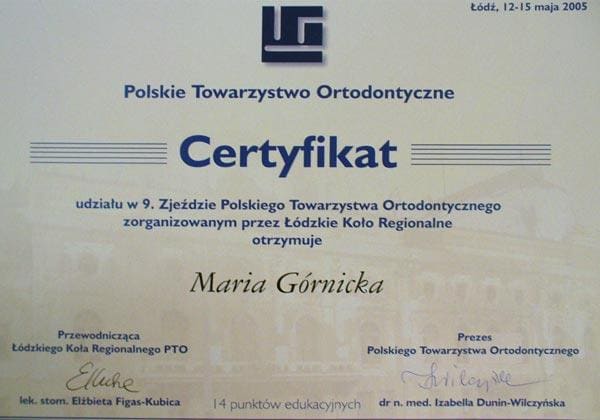 Certyfikat szkolenia — lek. dent. Maria Redlińska-Górnicka