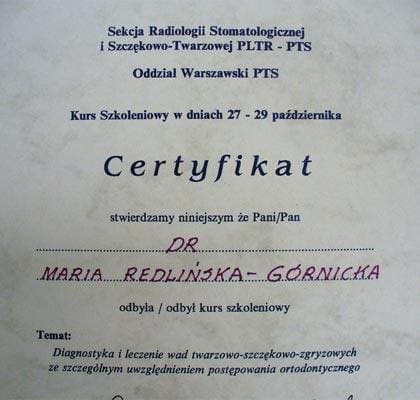 Certyfikat szkolenia — lek. dent. Maria Redlińska-Górnicka