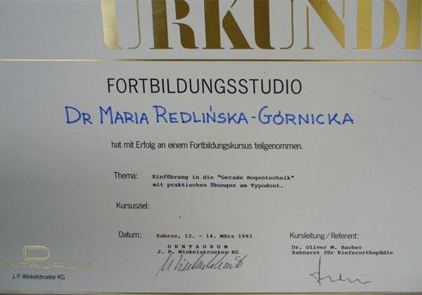Certyfikat szkolenia — lek. dent. Maria Redlińska-Górnicka