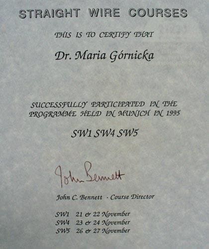 Certyfikat szkolenia — lek. dent. Maria Redlińska-Górnicka