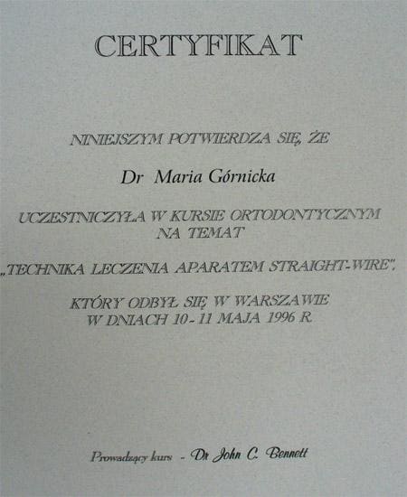 Certyfikat szkolenia — lek. dent. Maria Redlińska-Górnicka