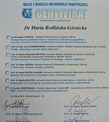 Certyfikat szkolenia — lek. dent. Maria Redlińska-Górnicka