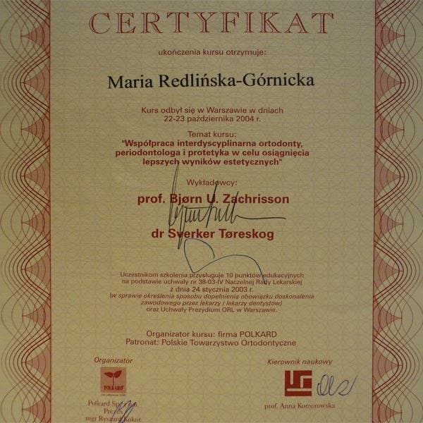 Certyfikat szkolenia — lek. dent. Maria Redlińska-Górnicka