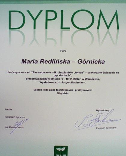 Certyfikat szkolenia — lek. dent. Maria Redlińska-Górnicka