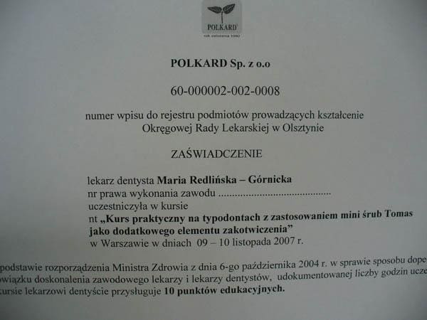 Certyfikat szkolenia — lek. dent. Maria Redlińska-Górnicka
