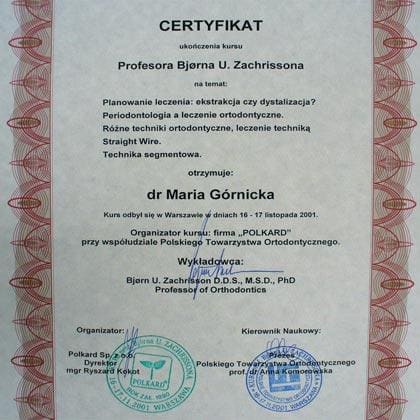 Certyfikat szkolenia — lek. dent. Maria Redlińska-Górnicka