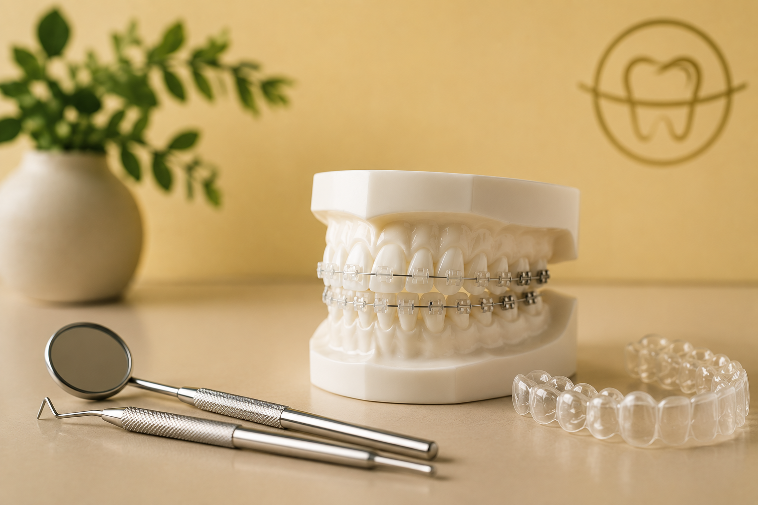 Model ortodontyczny z aparatem ceramicznym i metalowym, nakładką i narzędziami